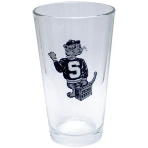 pint glass with vintage Penn State mascot with sweater and suitcase